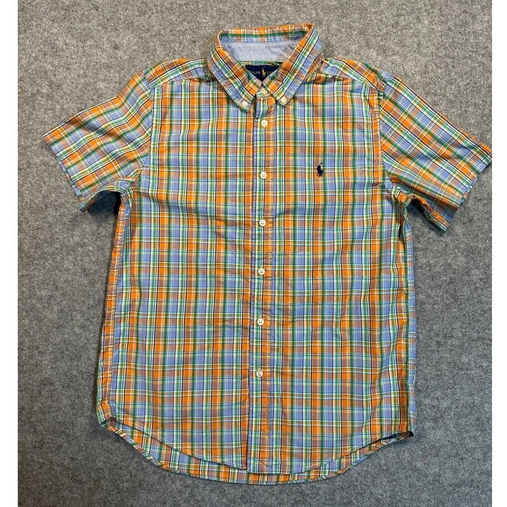 Ralph Lauren Plaid Button Down Shirt Boys L 14-16 Orange Blue Green Cotton Pony